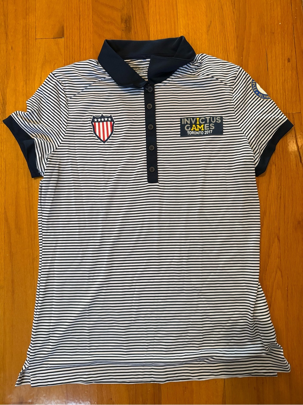 Nike Women's Navy and White Striped Polo - Invictus Games Patch